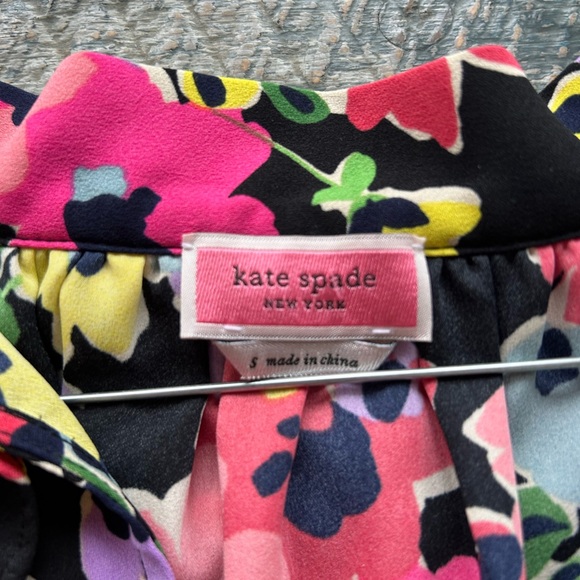 Kate Spade New York Women V Neck Tie Blouse Small, Ruffle Color Black Colorful - Picture 5 of 9